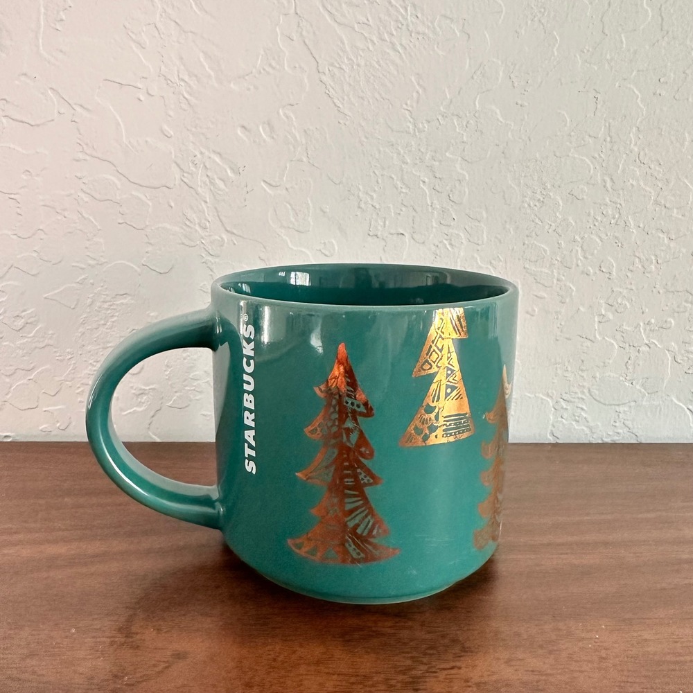 Starbucks Holiday Mug Green/Metallic Gold Christmas Tree Ceramic Coffee 14 oz‎